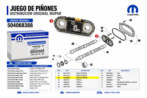 Distribución Cadena Engranajes Juego De Piñones Fiat Ducato Cargo 2.3 Multijet Original Mopar 504068388 Plateado - Imagen 4