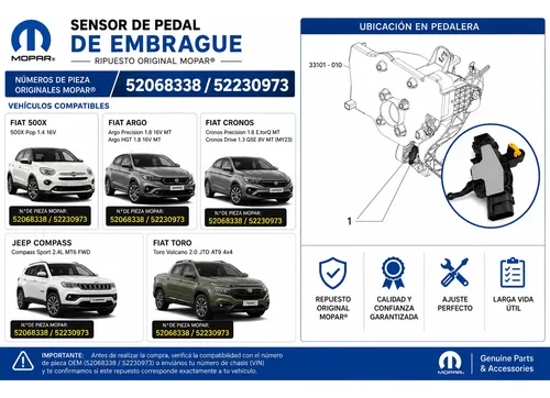 Sensor Pedal Embrague Fiat Cronos 1.8 Argo 1.8 Toro 2.0 500x 1.4 Jeep Compass 2.4 Mopar Original 52068338 / 52230973 - Imagen 7